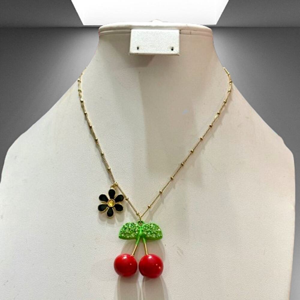 Betsey Johnson Vintage Red Cherries Black Daisy Necklace - Picture 8 of 10